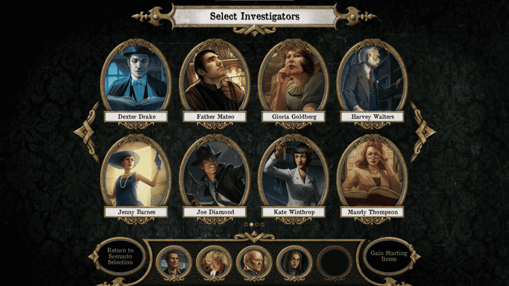 Επιλογές έτοιμων investigators. Εικόνα από το Mansions of Madness application.